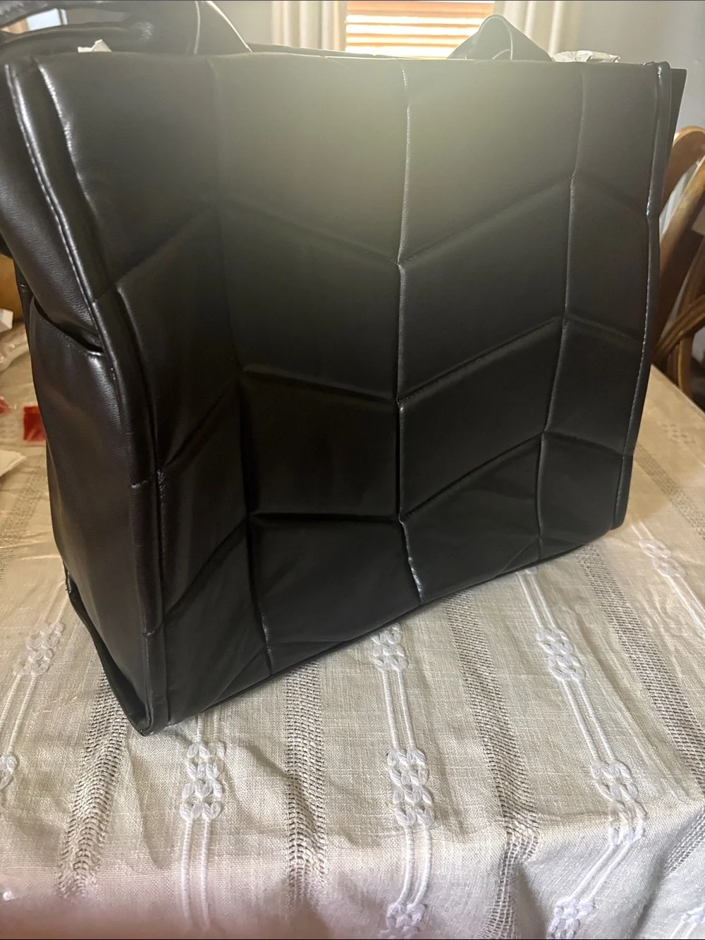 Black Quilted Faux Leather Tote Bag